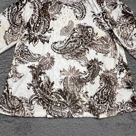 Alfred Dunner Paisley Floral Blouse Womens 1X White Brown 3/4 Sleeve Stretch NWT - Picture 3 of 16